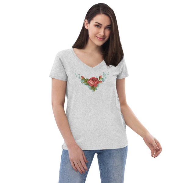 Women’s roses 100 percent recycled, eco-friendly, v-neck t-shirt, Valentine's gift, Mother's day gift