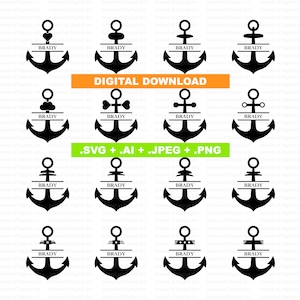 Puede incluir: Un conjunto de 12 descargas digitales de archivos SVG de anclas con diferentes diseños. Cada ancla tiene una placa de nombre dividida con el nombre "BRADY" en texto negro. Los diseños incluyen un corazón, un hueso, una nube y una cuerda náutica.