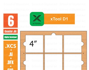 Puede incluir: Una plantilla de posavasos de madera con seis recortes cuadrados, cada uno diseñado para sostener un posavasos de 10 cm. La imagen incluye el texto "xTool D1" y "Coaster JIG", junto con iconos de tipo de archivo.