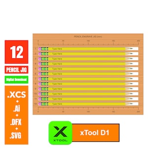 May include: A digital download of 12 pencil engrave jigs, shown as a diagram with yellow pencils and a ruler measuring 200 mm. The file types included are .XCS, .Ai, .DFX, and .SVG. The design is by xTool D1.