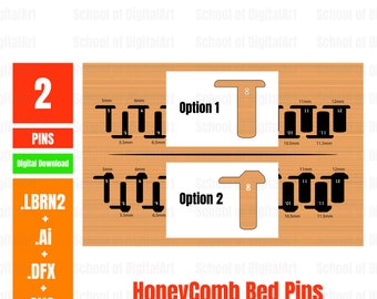 May include: A digital download of two honeycomb bed pin designs. The designs are for two pins, each with a different shape. The designs are available in .lbrn2, .ai, .dfx, and .svg formats. The image shows the designs with measurements in millimeters.