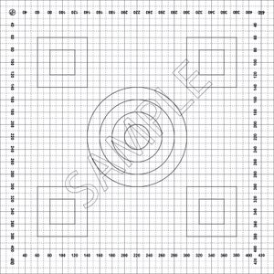 May include: A black and white diagram of a target with concentric circles on a grid background. The target is centred on the grid and has five concentric circles.