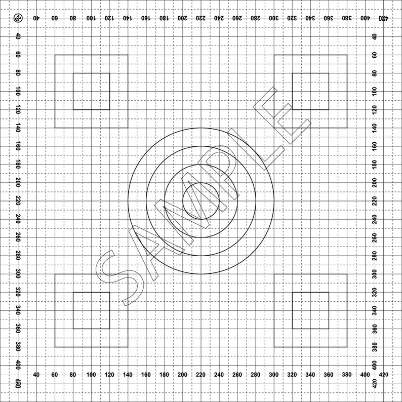 May include: A black and white diagram of a target with concentric circles on a grid background. The target is centred on the grid and has five concentric circles.