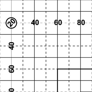 以下が含まれることがあります： 点線と実線で構成された白黒のグリッド。 グリッド線に沿って数字が配置され、内部に数字20が入った円も含まれています。 グリッドは正方形に分割されています。