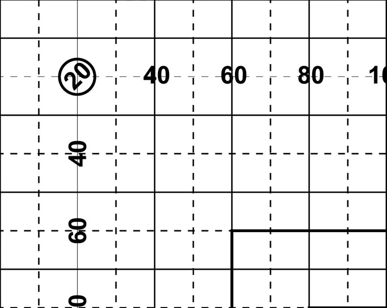 以下が含まれることがあります： 点線と実線で構成された白黒のグリッド。 グリッド線に沿って数字が配置され、内部に数字20が入った円も含まれています。 グリッドは正方形に分割されています。