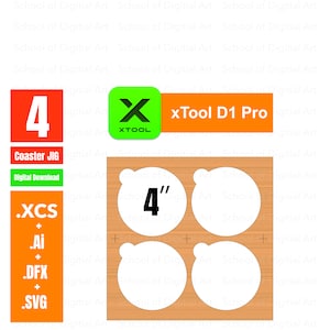 Könnte beinhalten: Ein digitaler Download für eine Untersetzer-Schablone mit vier 10,16 cm Kreisen. Die Schablone ist für die Verwendung mit einem xTool D1 Pro Laserschneider konzipiert. Die enthaltenen Dateiformate sind .XCS, .Ai, .DFX und .SVG.
