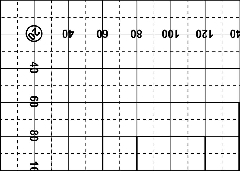 May include: A black and white grid with dashed lines and a solid black line. The grid is labelled with numbers from 0 to 140 at the top and 10 to 100 on the left side. A circle containing the number 20 is in the top left corner of the grid.