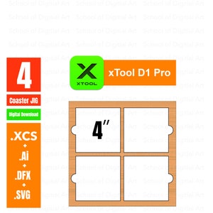 Könnte beinhalten: Ein digitaler Download für eine 10 cm große Untersetzer-Schablone mit dem Text "xTool D1 Pro" und "Coaster JIG" in Orange. Die Schablone ist aus Holz und hat vier Quadrate zum Herstellen von Untersetzern. Die enthaltenen Dateiformate sind .XCS, .Ai, .DFX und .SVG.