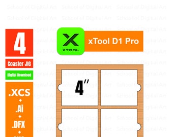 Puede incluir: Una descarga digital para una plantilla de posavasos de 10 cm, con el texto "xTool D1 Pro" y "Coaster JIG" en naranja. La plantilla es de madera y tiene cuatro cuadrados para hacer posavasos. Los formatos de archivo incluidos son .XCS, .Ai, .DFX y .SVG.