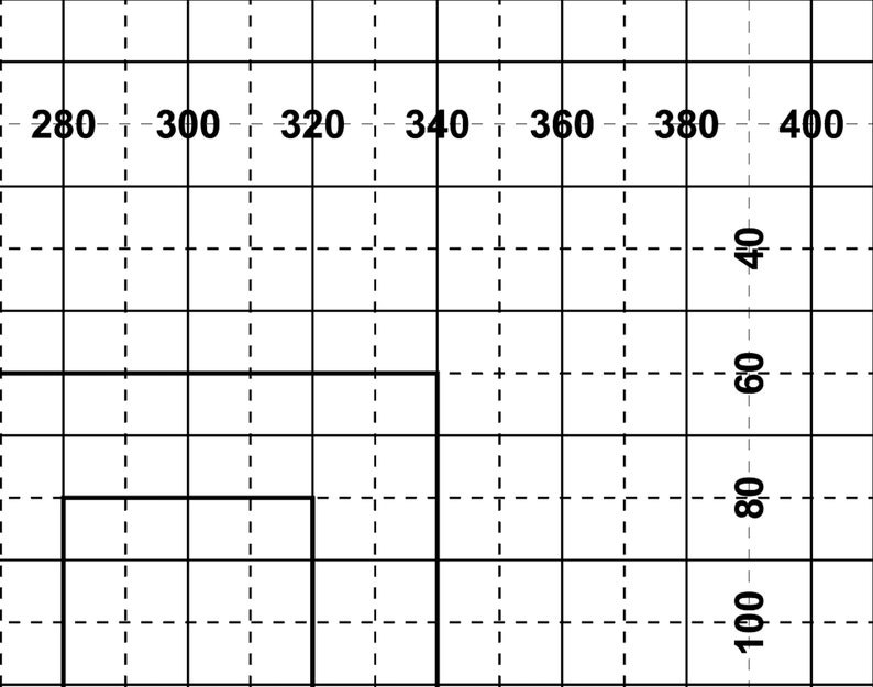 以下が含まれることがあります： 280から400まで水平に、40から100まで垂直に数字が振られた、実線と破線で構成された黒い線でできたグリッド。 グリッドは、実線で縁取られた長方形の形をしています。