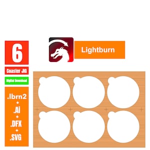 以下が含まれることがあります： 6つの円形のコースタージグのデジタルダウンロード。このジグは、Lightburnソフトウェアで使用するために設計されています。含まれるファイル形式は、.Ibrn2、.Ai、.DFX、.SVGです。