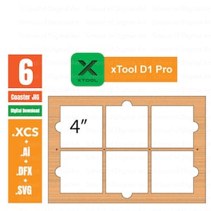 Puede incluir: Una descarga digital para una plantilla de posavasos, con un diseño cuadrado de 10 cm con seis recortes individuales de posavasos. El diseño está etiquetado como "xTool D1 Pro" e incluye los formatos de archivo .XCS, .Ai, .DFX y .SVG.