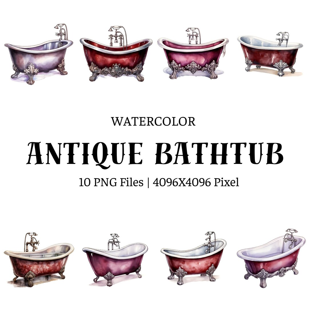 Watercolor Antique Bathtub Clipart, Commercial Use, Transparent