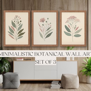 Juego de 3 cuadros de arte botánico minimalista para pared / Descarga digital / Impresiones de naturaleza bohemia modernas / Decoración de pared minimalista / Arte estético neutro
