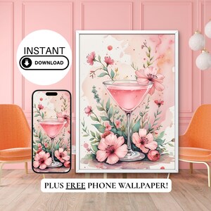 coquette pink cocktail wall art | floral girly decor print | soft girl aesthetic | instant download + free phone wallpaper