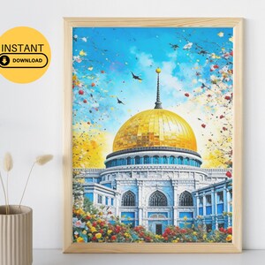 Colorful Islamic AI Wall Art inspired by the Dome of the Rock in Palestine,  Colorful and Unique Addition for Home, Office, Eid Present