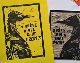 Linogravure A5 En grève à vie