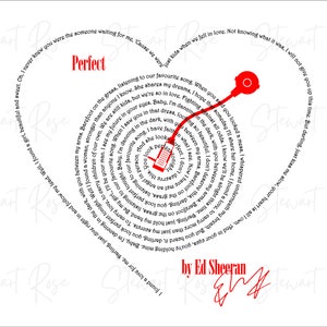 以下が含まれることがあります： 白い背景に赤いレコードプレーヤーの針と、「Perfect」by Ed Sheeranという黒いテキストの渦巻きがあります。テキストは円形のパターンで配置されており、「Just ride when we fell in love, Not knowing what it was, I will not give you up this time,  Darling, just dive right in.」という単語から始まります。