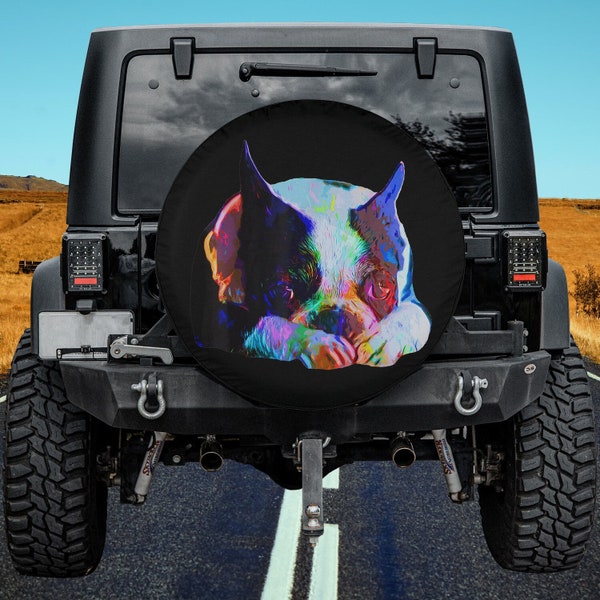 Boston Terrier dog lover Art Artsy Colorful Spare Tire Cover Thickening Leather Universal Fit for Jeep, Trailer, RV, SUV, Truck