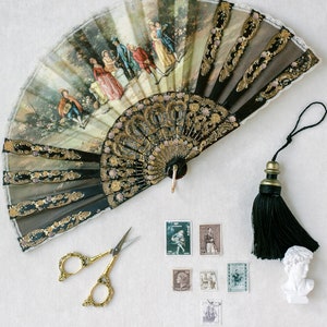 Victorian Vintage Styling Kit for Wedding Photographers European Fan Stamps Flat Lay Details Pieces Vintage Stamps Golden Scissors Tassel