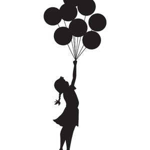 May include: Silhouette of a person holding onto a bunch of black balloons, reaching up towards the sky.