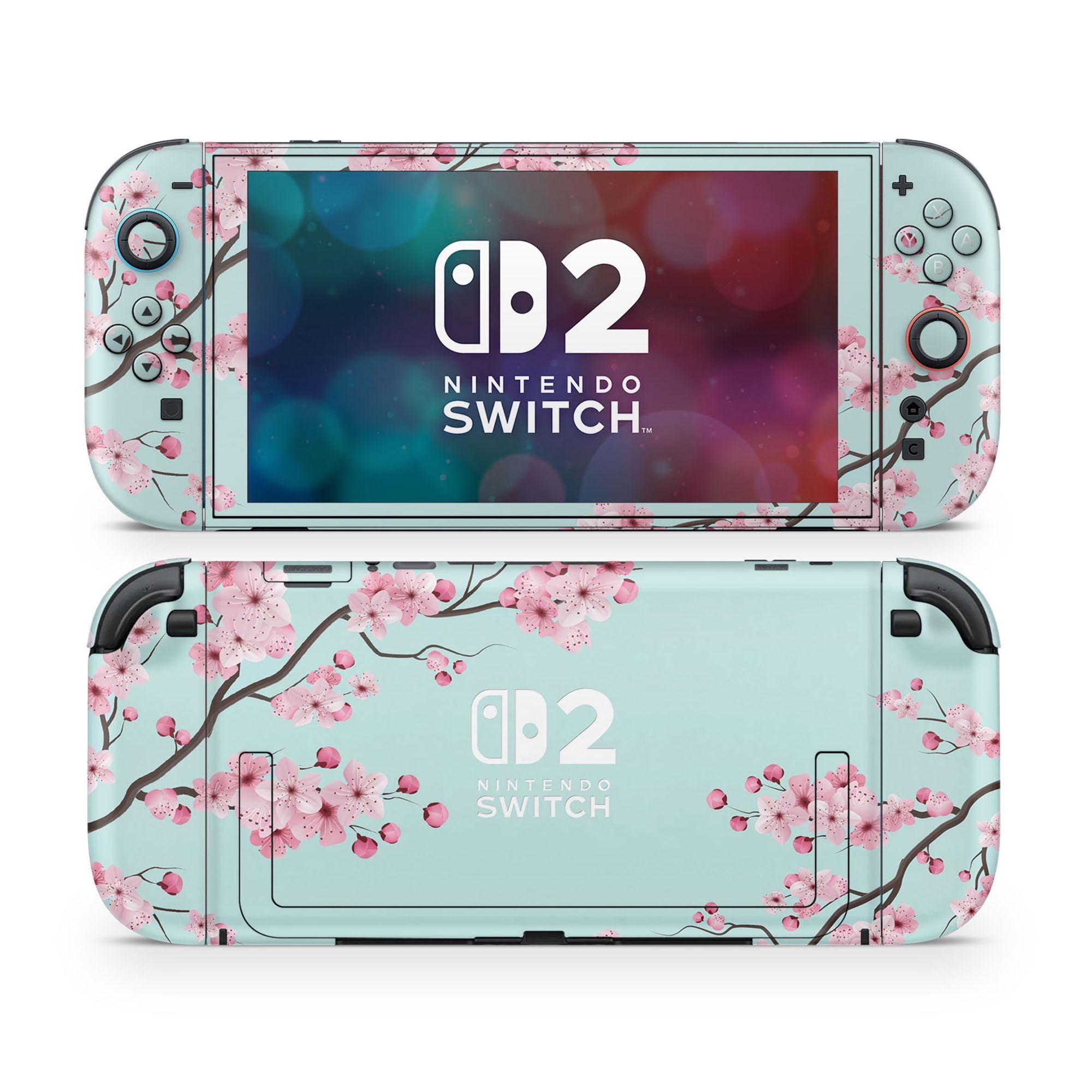 Teal Cherry Blossom Nintendo Switch 2 Skin, Cute Cherry Mint