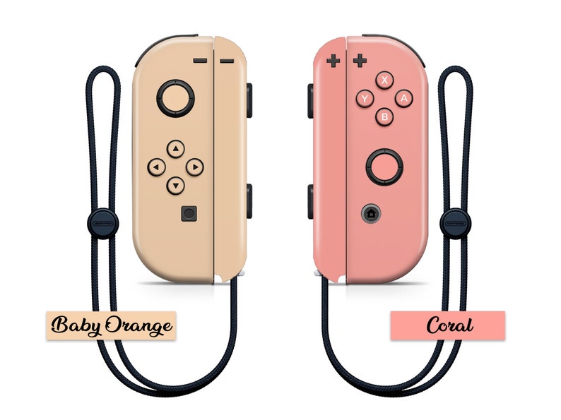 K&ouml;nnte beinhalten: Zwei Nintendo Switch Joy-Con-Controller, einer in Baby-Orange und einer in Koralle, mit schwarzen Handgelenksb&auml;ndern. Die Controller haben das Standard-Tastenlayout und werden vor einem wei&szlig;en Hintergrund gezeigt.