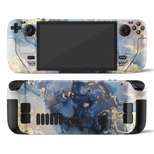 May include: A handheld gaming console with a blue and gold marble design. The console has a black screen and black buttons.
