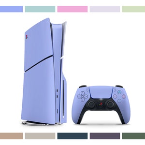May include: A light blue PlayStation 5 console and matching controller. The console is a vertical design with a curved front and a black stripe down the side. The controller has a black face with a white PlayStation logo.
