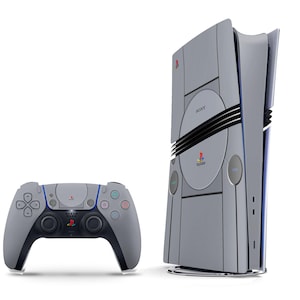 May include: A gray and white PlayStation 5 console with a retro design, featuring a gray and white controller.