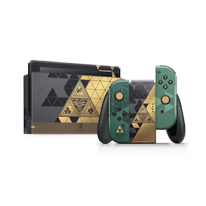May include: A Nintendo Switch console and dock set featuring a dark green, black, and gold geometric pattern. The dock and controllers display intricate gold Triforce symbols and triangular motifs, with the Nintendo Switch logo visible.