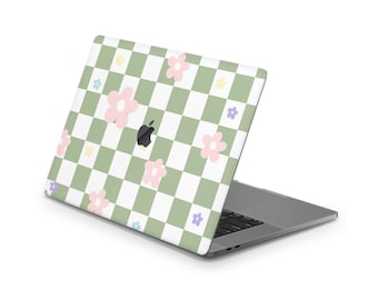 Danish Pastel Flower Aesthetic MacBook Pro Skin, Pink Floral Checkered MacBook Air Cover Wrap Decal, MacBook 16" 15" 14" 13" M2 M3