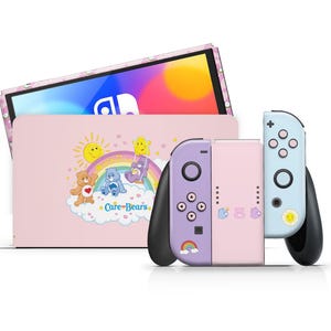 Vinilo adhesivo OLED para Nintendo Switch con diseño de Ositos Cariñositos, patrón de arcoíris rosa pastel para consola Switch 2 y Joy-Cons, vinilo adhesivo 3M para cubierta de Switch.
