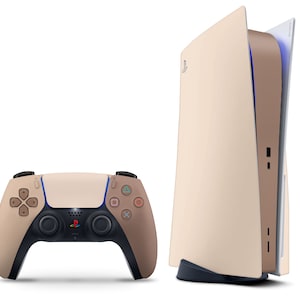 May include: A beige PlayStation 5 console with a matching beige controller. The console is standing upright with the disc drive open. The controller has a black faceplate and blue accents.