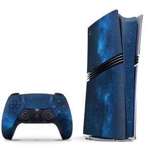 May include: A dark blue PlayStation 5 console with a galaxy design and a matching dark blue controller with a galaxy design.