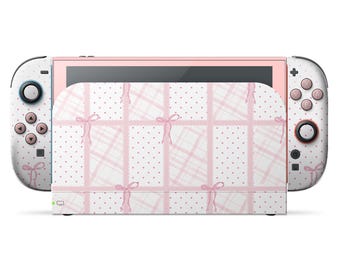 Cute Pink Bow Nintendo Switch 2 Skin, Coquette Aesthetic Pastel Pink Pattern Switch Skin, OLED Cover Console Joycons Wrap, 3M Skin Decal