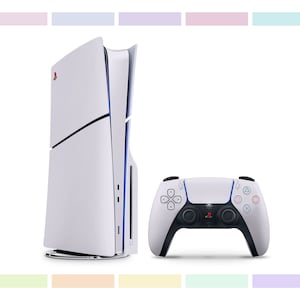 May include: A white PlayStation 5 console with a matching white controller. The console has a sleek, modern design with a blue accent line. The controller has a black faceplate with the PlayStation logo.