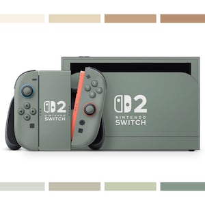 May include: A sage green Nintendo Switch console with matching controllers. The controllers have coral-colored accents and the console features the Nintendo Switch logo in white. The image is set against a white background.