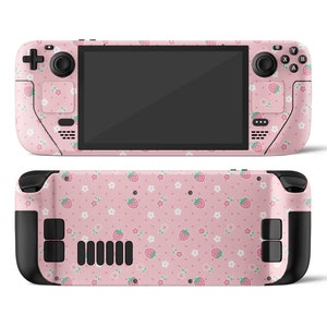 Schattige roze aardbei madeliefje stoomdeck skin, kawaii bloemen pastel zachte bloemen stoomdeck OLED-consolecover, klep stoomdeck vinyl 3 m