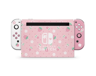 Sweet Pink Strawberry Daisy Nintendo Switch Skin, Kawaii