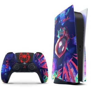 May include: A PlayStation 5 console and controller with a vibrant, colorful design. The console features a cityscape and character graphic, while the controller has a matching design with a red spider symbol. The overall theme is a video game aesthetic.