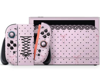 Black Pink Bow Lace Nintendo Switch 2 Skin, Coquette Aesthetic Switch Skin, OLED Cover Console Joycons Wrap, 3M Skin Decal