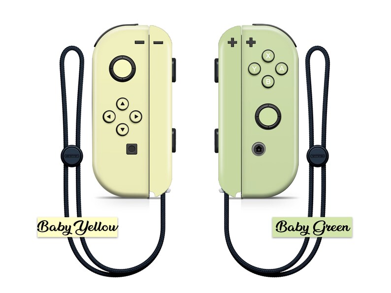 K&ouml;nnte beinhalten: Zwei Nintendo Switch Joy-Con-Controller, einer in Babygelb und einer in Babygr&uuml;n, mit schwarzen B&auml;ndern befestigt.