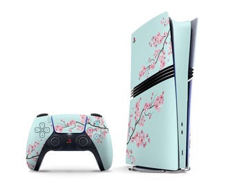 Teal Cherry Blossom PS5 Pro Skin, Floral PS5 Slim Skin Pastel, Pretty Flower PS5 Pro Faceplate Skin PS5 Controller Wrap 3M