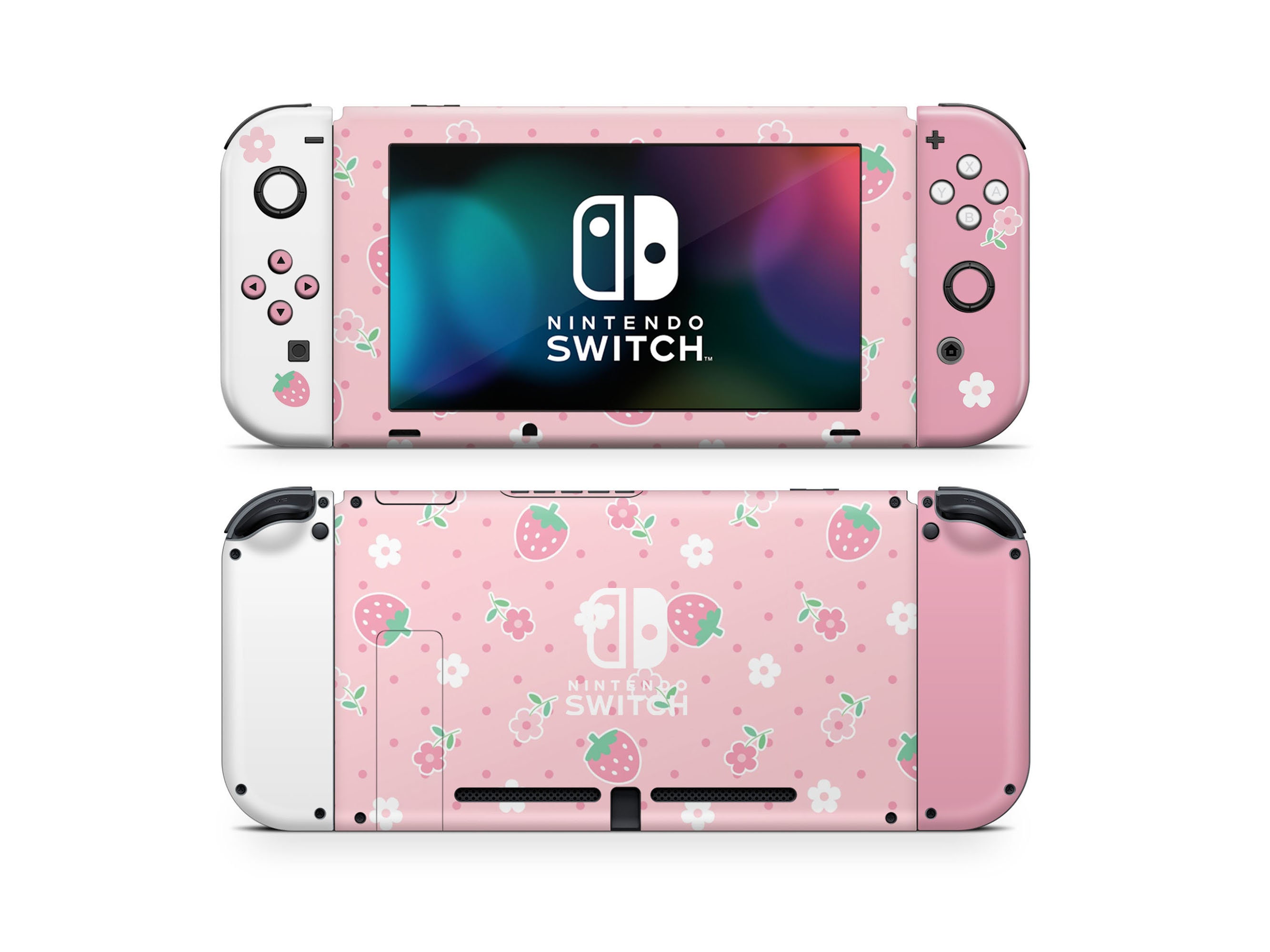 Sweet Pink Strawberry Daisy Nintendo Switch Skin, Kawaii