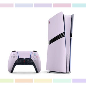 May include: A lavender-colored PlayStation 5 console with a matching lavender-colored controller. The console is standing upright and the controller is lying flat in front of it.