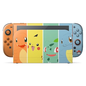 Vinilo adhesivo para Nintendo Switch 2 con diseños de Pokémon iniciales: Pikachu, Charmander, Bulbasaur y Squirtle. Incluye funda para consola Switch OLED y Joy-Cons 3 M.