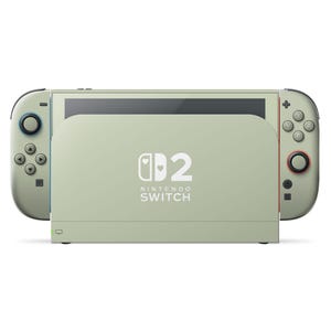 May include: A pale green Nintendo Switch console with matching Joy-Con controllers. The console features the Nintendo Switch logo and a stylized number 2 with heart symbols. The controllers have blue and red accents.