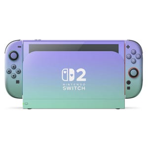 May include: A Nintendo Switch console in a gradient of purple and green. The console has two detachable controllers, one on each side, with buttons and joysticks. The dock features the Nintendo Switch logo and the number 2.