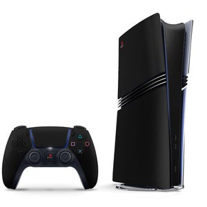 May include: A black PlayStation 5 console with a black controller. The console has a sleek, modern design with a vertical orientation. The controller has a familiar PlayStation design with a touchpad and buttons.